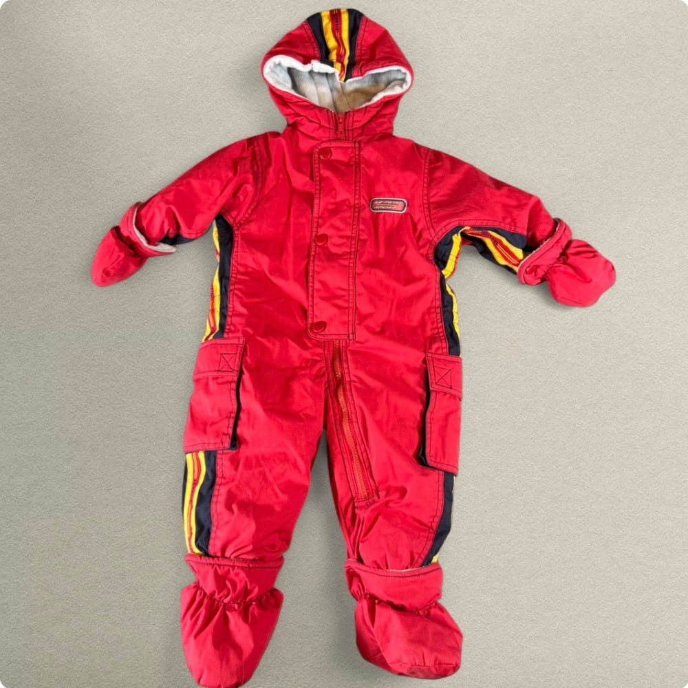 Vintage Le‎ Petit Rothschild Red Baby Snowsuit 12M Racing Stripe One Piece